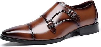 Generic Formal Shoes for Men Lace Up Plain Toe Double Monk Strap Cap Toe Leather Slip Resistant Anti-Slip Rubber Sole Classic(Brown,5.5 UK)