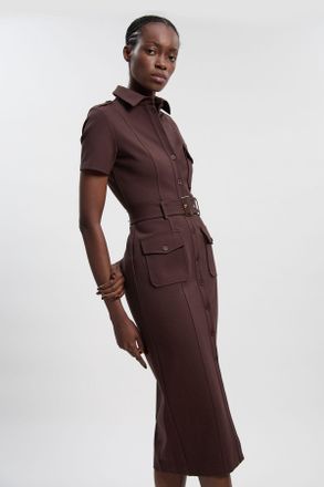 Karen Millen Womens Pocket Detail Ponte Jersey Short Sleeve Midi Dress - Chocolate Viscose - Size X-Small
