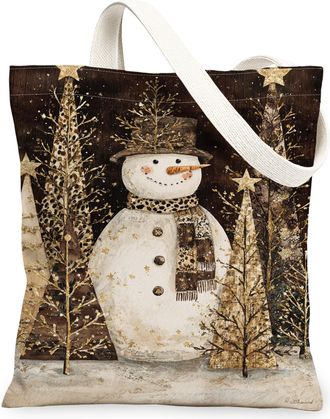 Generic Winter Snow Man Canvas Tote Bags, Holiday Tree Pattern Reusable Grocery Bags, Rustic Lightweight Washable Shoulder Strap Ca, Brown, 13x15 Inch