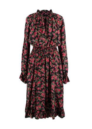 Dolce & Gabbana Black and Rose Floral Midi Silk Dress Size XS