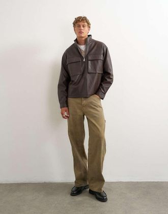 Topman giacca oversize in pelle sintetica con zip a 1/4 e collo alto marrone