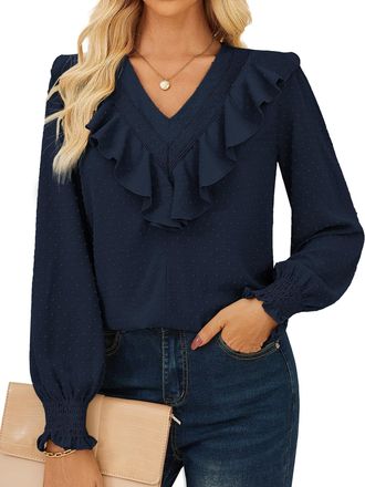 Grace Karin Womens Blouses Shirts Soft Ligjtweight Casual Loose Fit Shirts Tops with Ruffles Navy Blue S
