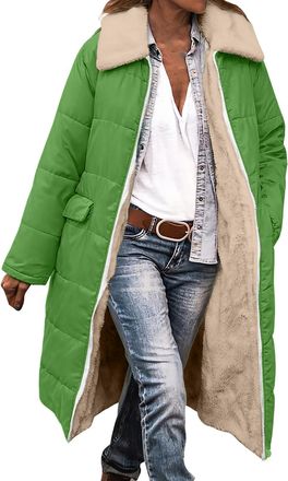 Generic Puffer Coats For Women Longline Warm Winter Jackets Ladies Fleece Lined Casual Windproof Padded Jackets Full Zip Collared Thermal Coat Reversible Quil