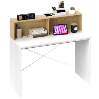 HOMCOM Homcom Escritorio, 110x50x102,6 Cm, Mesa De Escritorio, Mesa De Ordenador Con 2 Compartimentos Abiertos Y Estante, Para Estudio, Blanco Y Natural