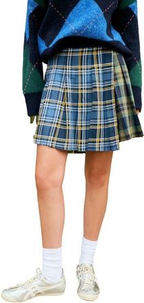 Next Mixed Plaid Pleated Cotton Faux Wrap Miniskirt in Blue at Nordstrom, Size 10 Us