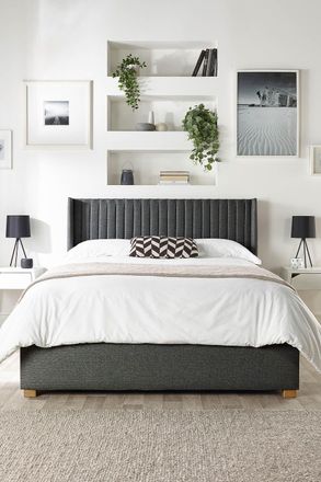 Catherine Lansfield Soho Ottoman Storage Wing Bed in Saxon Twill Fabric, Custom Made in Charcoal | Size: King