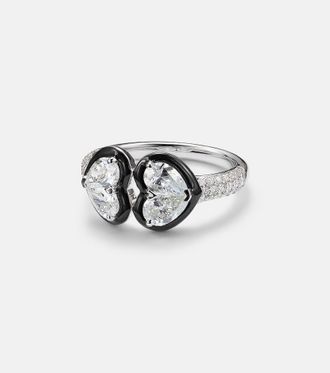 Kamyen Jewellery Twin Heart 18kt white gold and enamel ring with diamonds