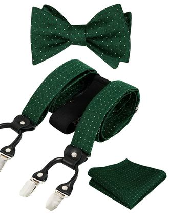 Alizeal Mens Polka Dot Brace and Self Tied Bow Tie with Pocket Square Set, Dark Green