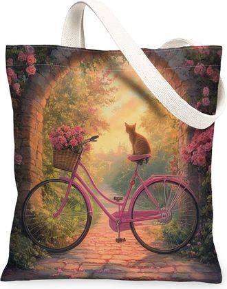 Generic Floral Bicycles Canvas Tote Bags, Vintage Cat and Flowers Design Reusable Grocery Bags, Lightweight Washable Shoulder Strap Canvas for Travel Outdoor 
