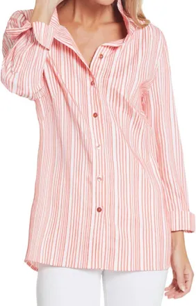 Multiples Wire Collar Stripe Blouse In White/coral