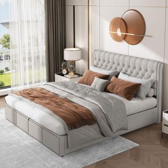 C&A Light Grey King Size Upholstered Bed(150x200cm)with Hydraulic Storage and Rivet Accents,Mattress Not Included