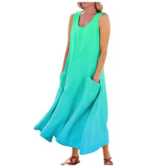 Generic UK Summer Dresses Y2K Casual Gradient Print Round Neck Sleeveless Dresses Maxi A Line Beach Dress with Pockets Ladies Plus Size Dress (Light Blue, 5XL