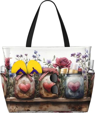 Generic Flowers Hearts Vase Print Large Beach Bag Foldable Travel Shoulder Tote Bag With Pocket For Weekender Pool Vacation