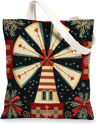 Generic Winter Farmhouse Christmas Canvas Tote Bag for Shopping 13x15, Mid Century Retro Windmill Xmas Reusable Grocery Print Bag for Women Men, Farm Holiday 