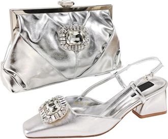 Generic Women Elegant High Heels and Leather Handbag Set Italian Design Party Wedding Shoes Suit Silver
