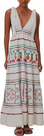 Farm Rio Linen-Blend Off-White Embroidered Maxi Dress