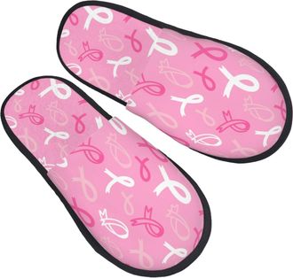 Generic Comfortable Mens Slipper Breast Cancer Awareness Mens Slipper Plush Spa Slippers for Winter Travel Hotels M