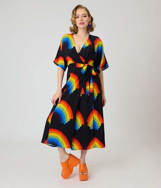 Unique Vintage Tie Wrap Surplice Midi Dress in Black W/Rainbow Print at Nordstrom, Size X-Large
