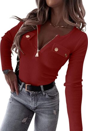 Generic Womens Ribbed Half Zip Long Sleeve Top with Button Detail Slim Fit Form Fitting Tunic Going Out Tops Stretchy Casual Blouse for Women Basic Base Layer