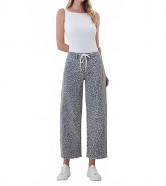 Flying Monkey High Rise Drawstring Barrel Jeans In Grey Leopard