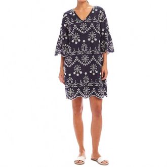 Karen Kane Flare Sleeve Embroidered Dress In Navy/white