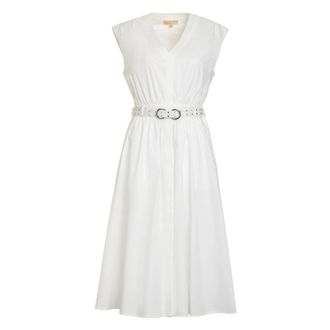 Michael Kors Stretch Katoen Poplin Midi-Jurk met Riem - Dames - Casual kleedjes - Wit - L - Katoen - Kleedjes