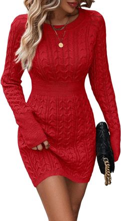 Generic Womens Knit Dress Round Neck Solid Color Long Sleeve Sweater Dress Bodycon Pullover Dress Fashion Dress Red M