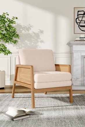 Living and Home White Teddy Fur Rattan Armrest Sofa Cushioned Armchair