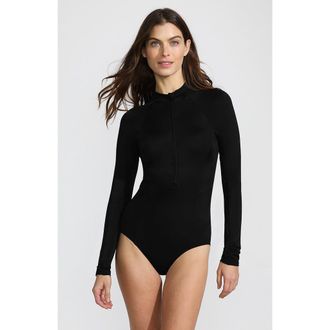 Lands End DD-Cup Tugless Long Sleeve Rash Guard One Piece Swimsuit in Black at Nordstrom, Size 16