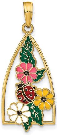 Diamond2Deal 14k Yellow Gold Enameled Ladybug Flowers Triangle Pendant