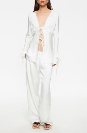 Lioness Veil Tie Front Plunge Neck Satin Top in Porcelain at Nordstrom, Size X-Small
