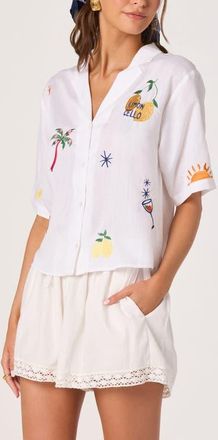 ASTR the Label Vesa Embroidered Detail Button-Up Shirt in White Tropical Multi at Nordstrom, Size Small