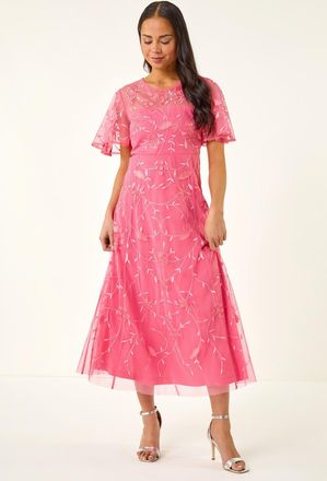 Roman Embroidered Mesh Midi Dress