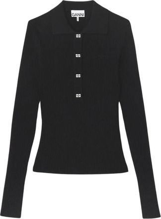 Ganni Fijne Pailletten Polo - Dames - Polos - Zwart - M - Pailletten - Tops