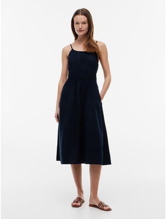 Tommy Hilfiger Womens Shirred Linen-Blend Midi Dress - Navy - XXL