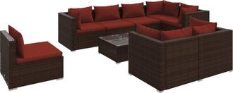 vidaXL Set Muebles De Jard&iacute;n 9 Piezas Y Cojines Rat&aacute;n Sint&eacute;tico Marr&oacute;n Vidaxl