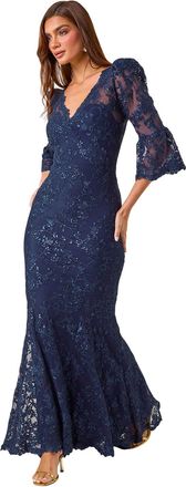 Ariella Womens Lace Scallop V-Neck Bodycon Maxi Dress - Blue - Size 10 UK