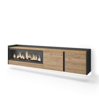 Skraut Home Mueble tv efecto madera roble negro 212x35x50cm chimenea efecto fuego