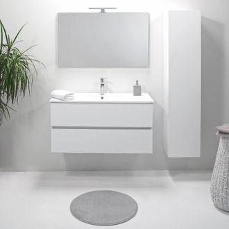 Arche Mobile Bagno Con Lavabo 100 Cm Sospeso Bianco Con Colonna Specchio E Lampada
