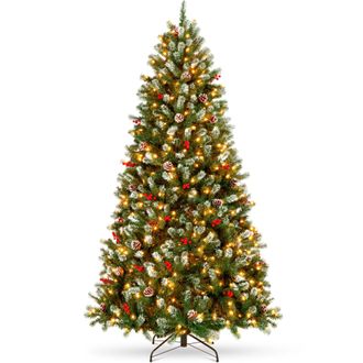Best Choice Products Pre-Lit Frosted Christmas Tree, Twinkling LEDs, Pinecones, Berries, Metal Base
