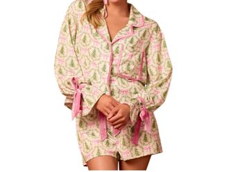 Peach Love California Satin Christmas Tree & Bow Pajama Set In Multi