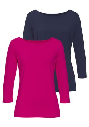 Lascana 3/4-Arm-Shirt LASCANA, Damen, Gr. 44/46, bunt (hibiskus, navy), Single Jersey, Obermaterial: 50% Baumwolle, 45% Modal (TENCEL), 5% Elasthan, unifarben