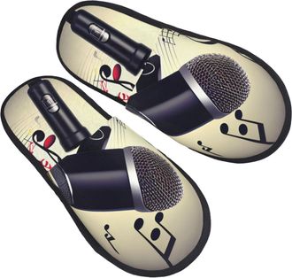 Generic Microphone With Music Note Men Women Slippers Cosy Shoes Fuzzy Sliders For Indoor Outdoor Bedroom M