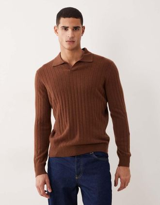 Mango Polo marrone in maglia a coste premium 100% cashmere