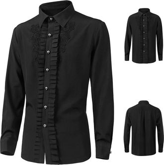 Generic Mens Gothic Black Shirt Medieval Retro Ruffled Shirts Victorian Pirate Long Sleeve Steampunk Top Blouse Mens Embroidery Ruffle Shirt Halloween Costume