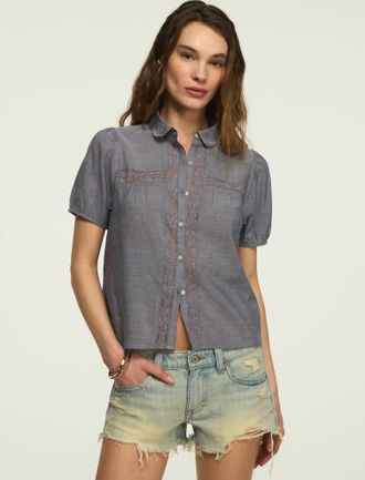 Lucky Brand Womens Short Sleeve Embroidered Peter Pan Peasant Top