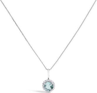 House of Brilliance 10K Gold Gemstone and 1/10 Cttw Diamond Accent Halo Pendant Necklace in White | Blue Aquamarine at Nordstrom