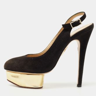 Charlotte Olympia Black Suede Dolly Platform Slingback Pumps