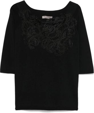 D.exterior Zwart Kantpaneel Top- Vierkante Hals - Dames - Blouses - Zwart - M - Overhemden