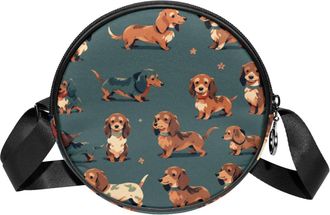 Generic Circle Crossbody Bag for Women, Cute Dachshund Dog Small Sling Bag Daypack with Zipper Adjustable Shoulder Straps Casual Ladies Girls Round Purse